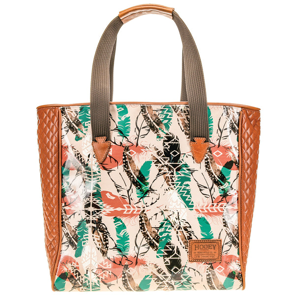 front of the Topawa Feather large tote with tooled leather panels on either side of the bag