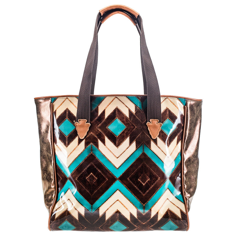 back of turquoise, brown, white Aztec pattern tote bag