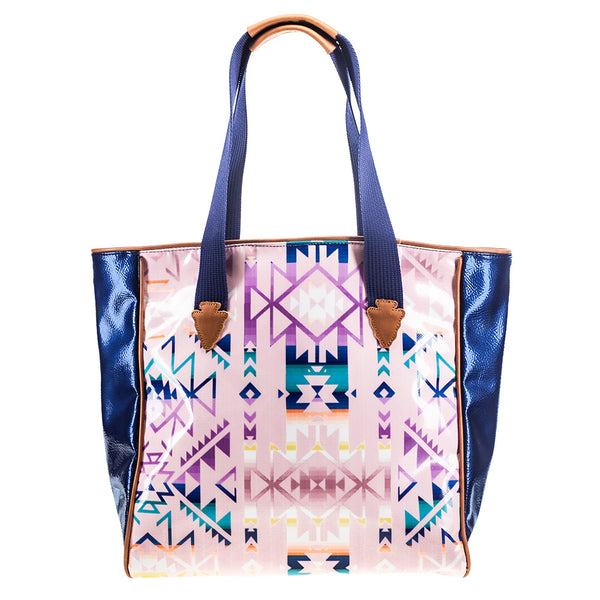 back of pink and blue Aztec patter tote bag