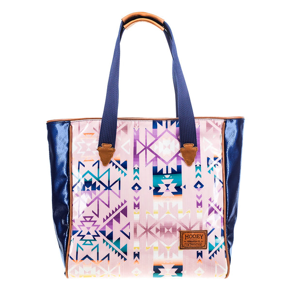 front of pink and blue Aztec pattern tote bag