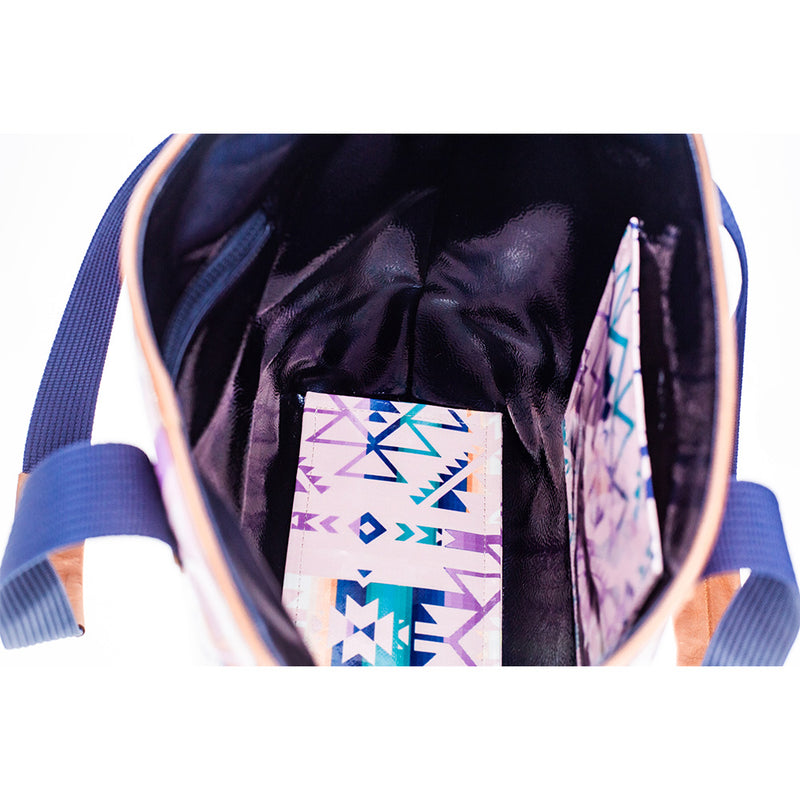 interior of pink and blue Aztec pattern hand bag