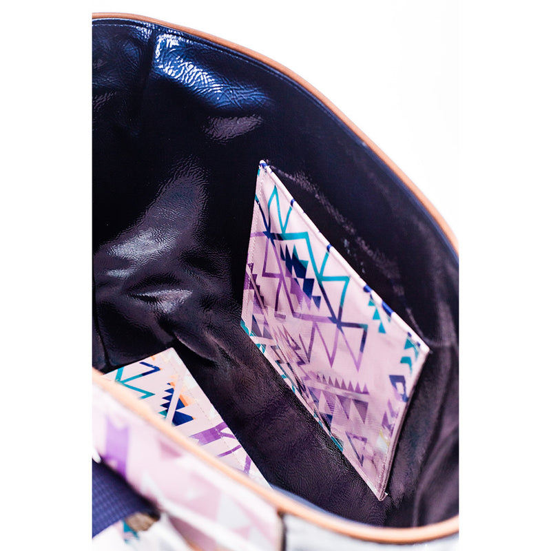 interior of pink and blue Aztec hand bag
