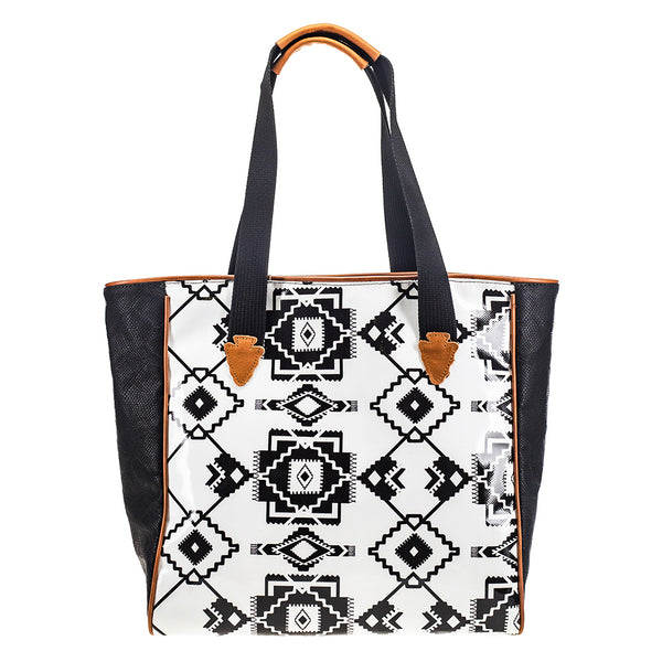 back of black and white Aztec pattern tote bag