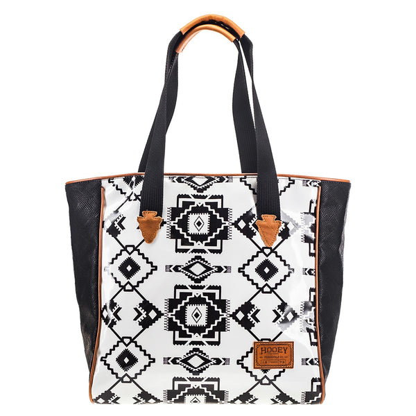 front of black and white Aztec pattern tote bag