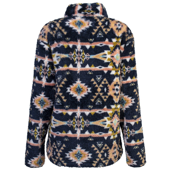 back of the Youth girls fleece pullover in navy with gold, tan, blue, white Aztec pattern all over
