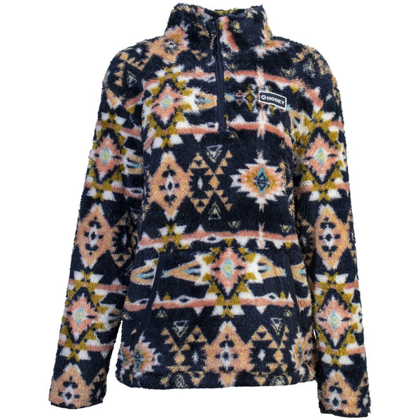 Youth girls fleece pullover in navy with gold, tan, blue, white Aztec pattern all over