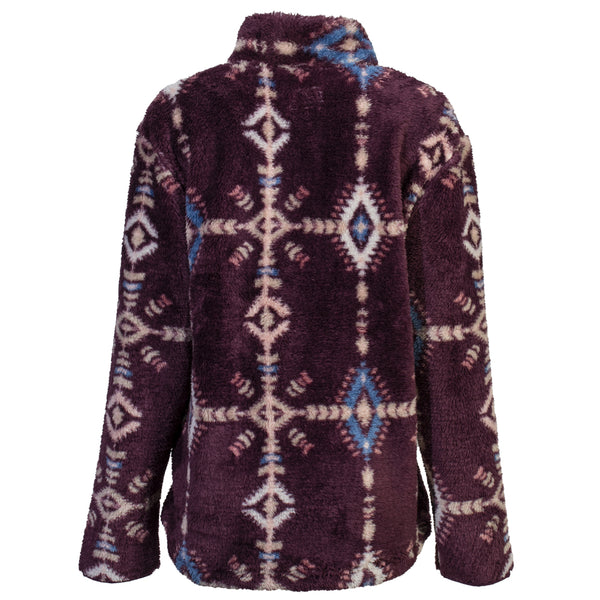 back of the youth girls fleece pullover in maroon with blue and white Aztec pattern all over