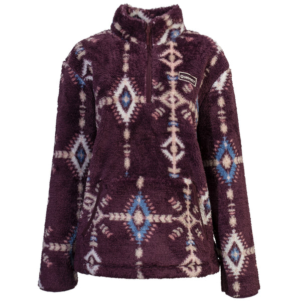 youth girls fleece pullover in maroon with blue and white Aztec pattern all over
