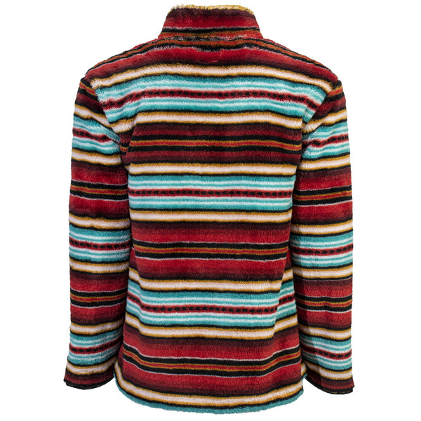 back of the youth girls fleece pullover red, gold, blue, white serape