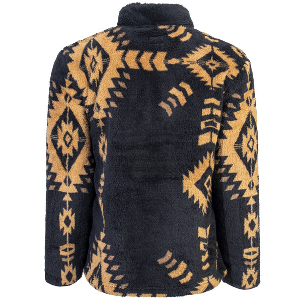 back of the Hooey fleece pullover in black with Aztec pattern in tan