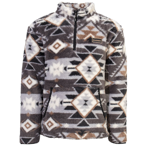 charcoal, tan, and light grey aztec pattern, fleece pullover front view