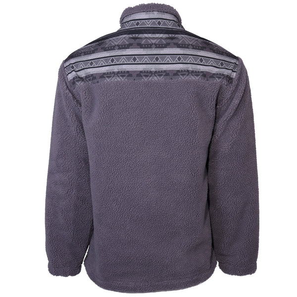 back of grey fleece jacket with grey, white, black aztec and stripe on shoulder and collar