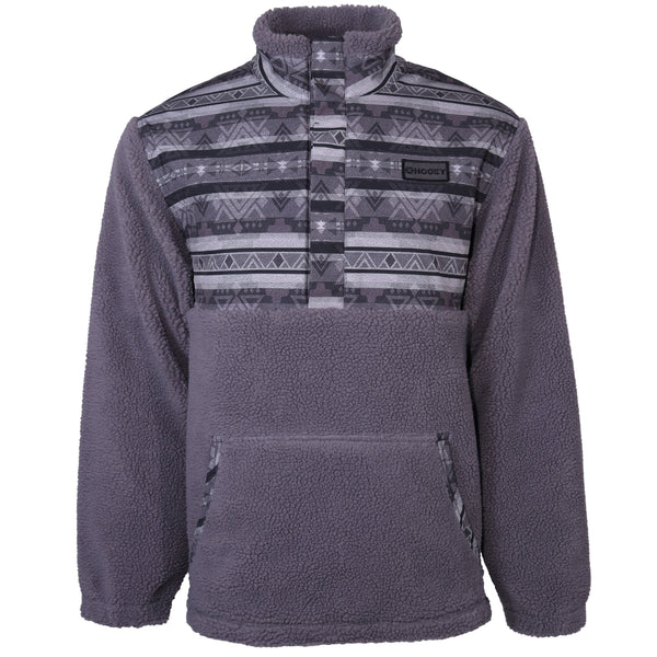 front of grey fleece jacket with grey, white, black aztec and stripe on shoulder and collar, and chest
