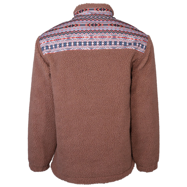 back of the Hooey Sherpa Fleece Pullover in tan with blue, red, white, Aztec pattern on collar, chest, and pocket area and shoulder area