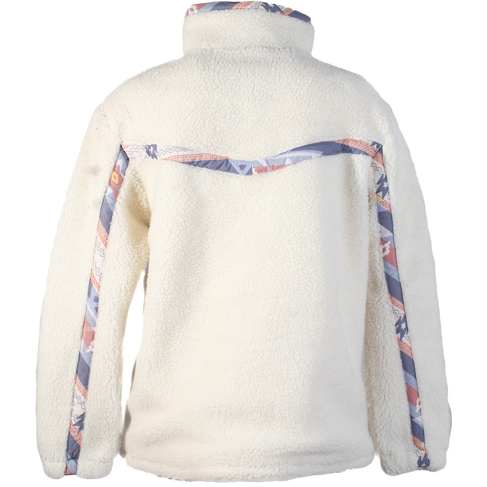 back of white fleece with purple and pink pattern stripes across shoulders, sleeves, and collar
