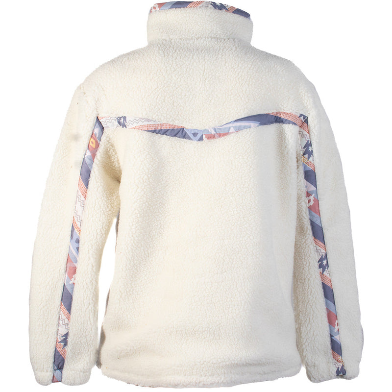 back of white fleece with purple and pink pattern stripes across shoulders, sleeves, and collar 