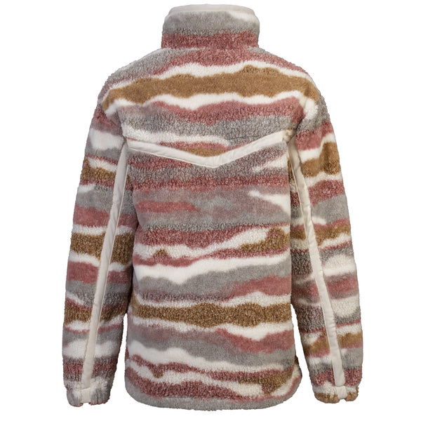 back of the brown, red, grey, white fleece pullover