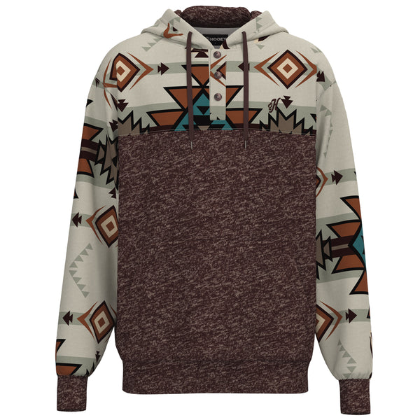 Jimmy heathered maroon hoody with cream, brown, black, turquoise aztec pattern on sleeves, collar, and hood