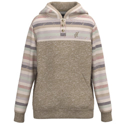 youth jimmy tan hoody with green, purple, blue, black, white serape pattern on sleeves, collar, and hood