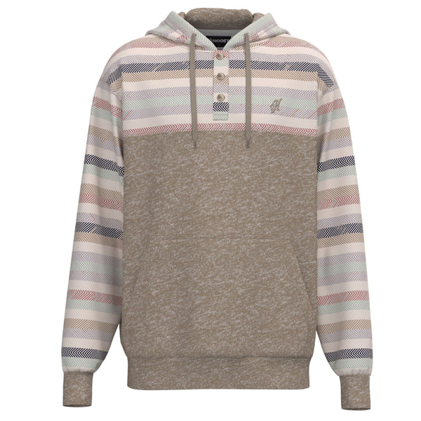 Jimmy tan hoody with pink, blue, navy, teal, tan, cream serape pattern on collar and sleeves