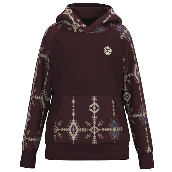 Youth Summit Maroon hoody with Aztec pattern on hood, sleeves and pocket