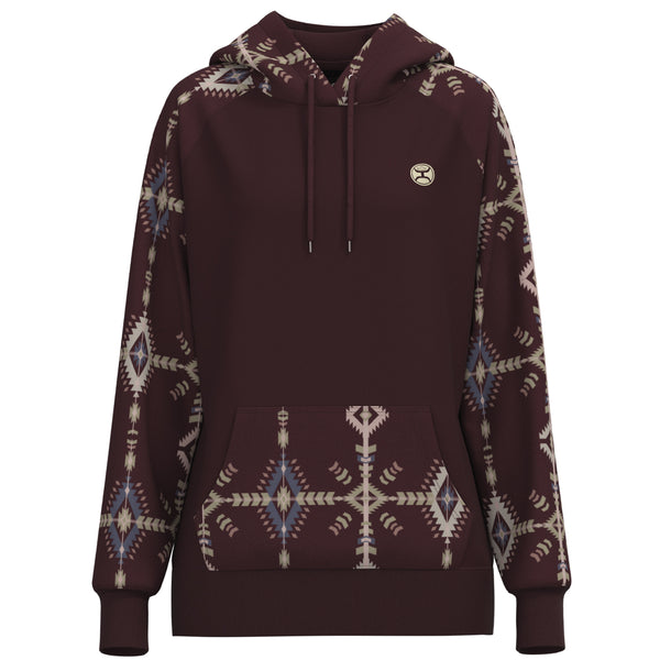 Summit maroon hoody with cream and blue aztec pattern on pocket and sleeves and hood