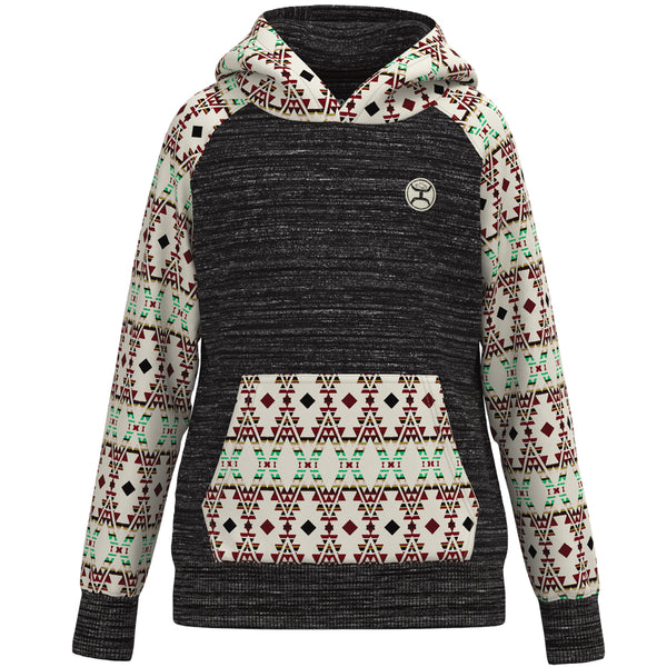 Youth Summit charcoal hoody with white, red, teal Aztec pattern 