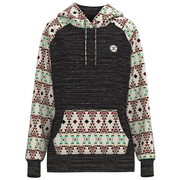 Summit heather charcoal hoody with white, red, green aztec patter on pocket, sleeves, and hood