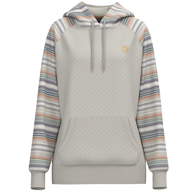 summit cream quilted patten hoody with orange, teal, grey, white serape pattern on sleeves and hood