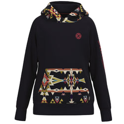 Youth Summit hoody in black with multi colored Aztec patten on hood and pocket