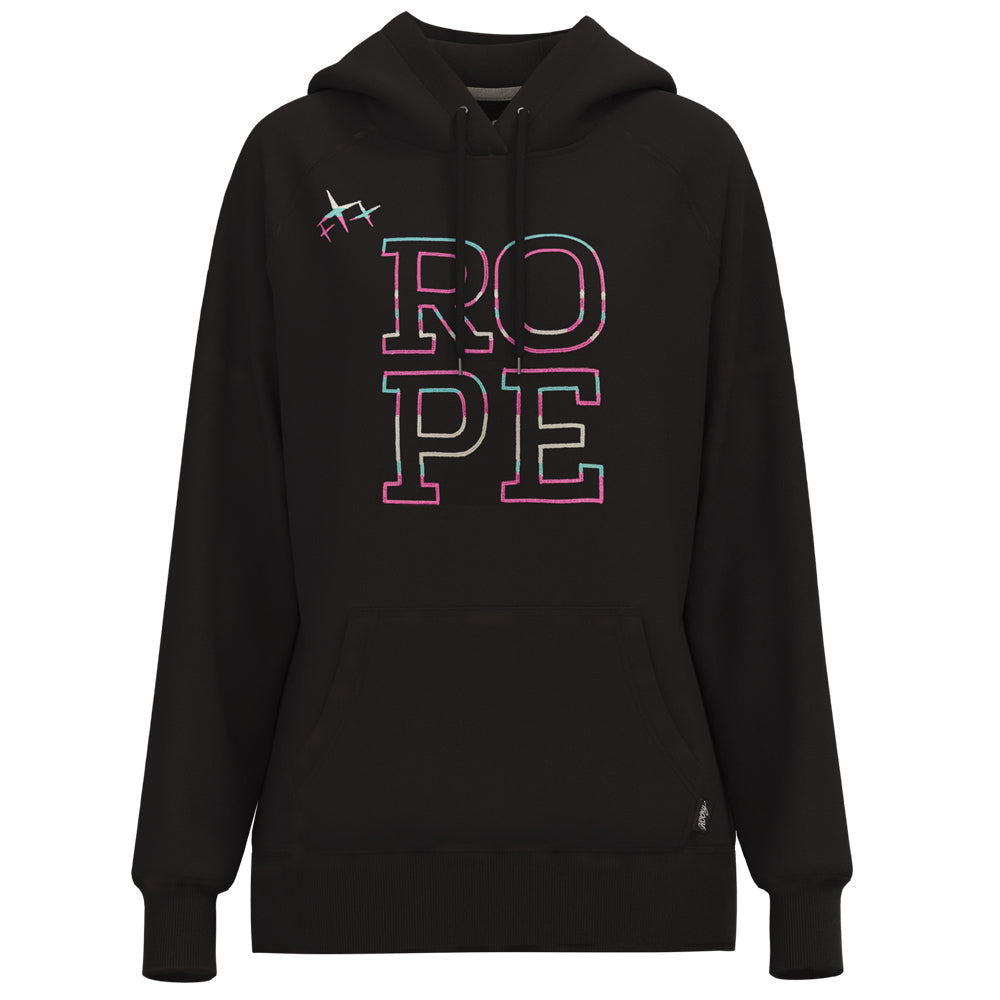 Rope Like A Girl black hoody with multi colored outline logo