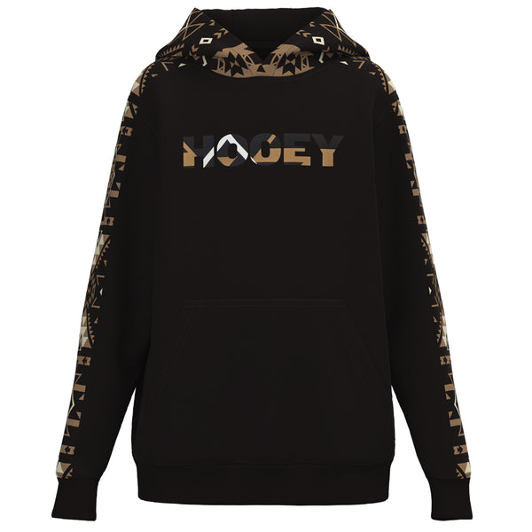 youth canyon black hoody with tan aztec pattern on sleeves and hood