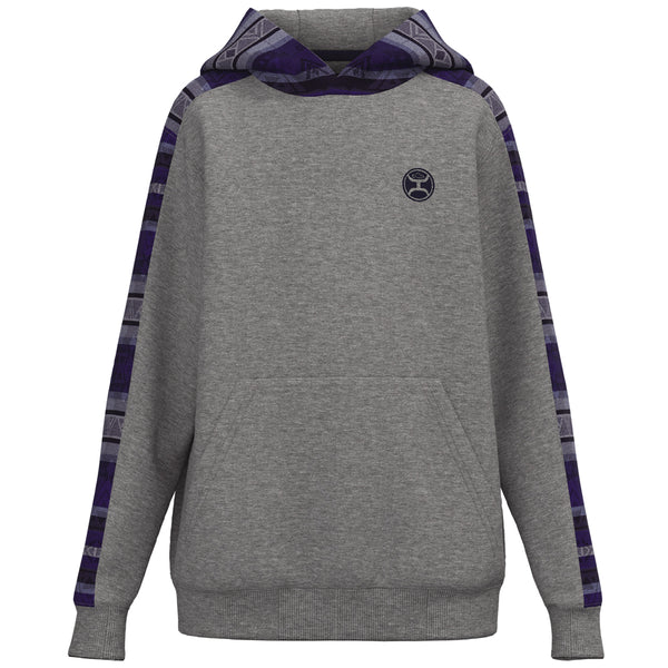 youth canyon grey hoody with navy blue Aztec pattern on sleeve and hood