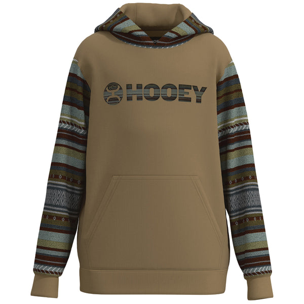 hero image of tan hooey hoody with grey/tan/brown Aztec pattern on sleeves and hood