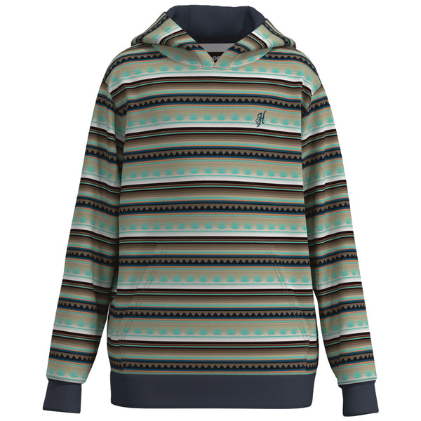 Hero image of hooey hoody with grey/turquoise/white/black Aztec striped pattern all over