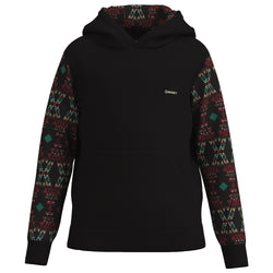 Youth Summit black hoody with multi colored Aztec pattern on sleeves and hood