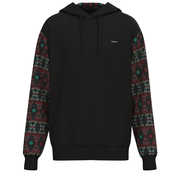 summit black hoody with red and blue aztec pattern on sleeves