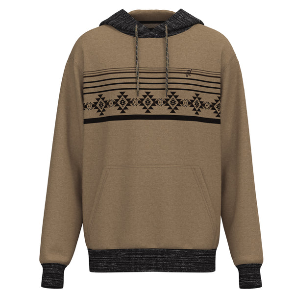 Taos tan hoody with brown aztec pattern across chest and heather black cuffs and hood
