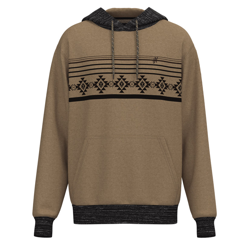 Taos tan hoody with brown aztec pattern across chest and heather black cuffs and hood