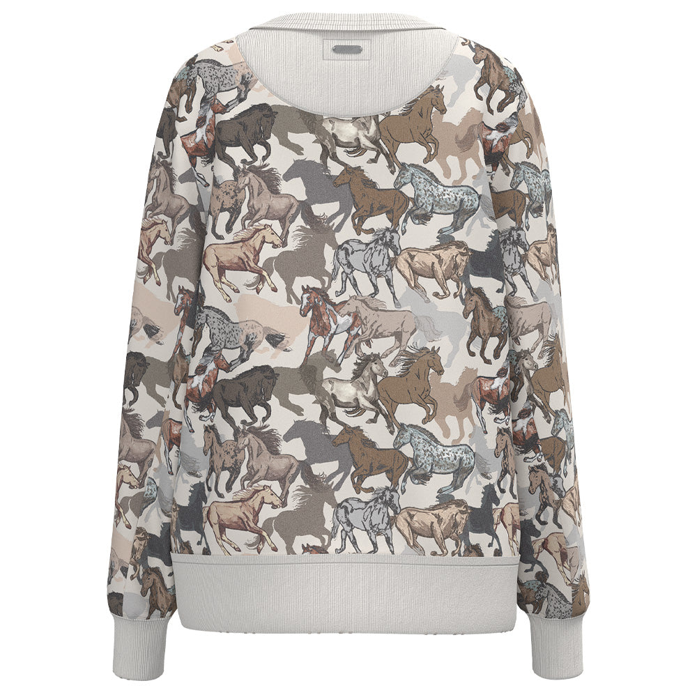 YOUTH Stallion Crew Ladies Pullover White/Horse Print