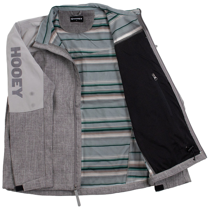 heather grey jacket with light grey shoulder patches and grey/green stripe lining
