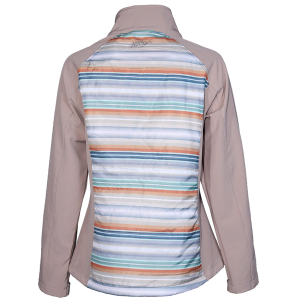 grey jacket with purple, turquoise, rust, white serape stripes on back