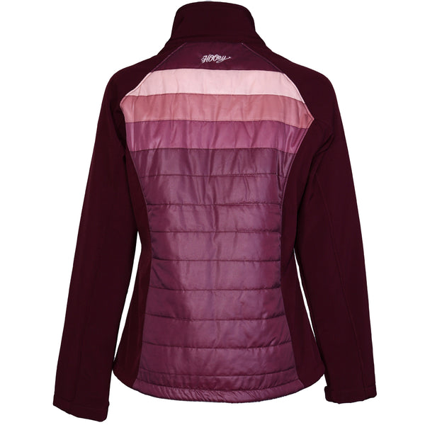 back view of maroon puffer coat with various pink toned stripes across the back