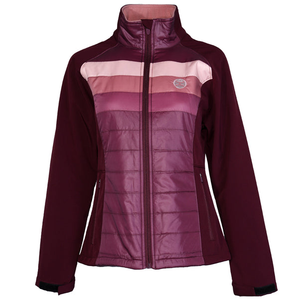 front view of maroon puffer coat with various pink toned stripes across the front