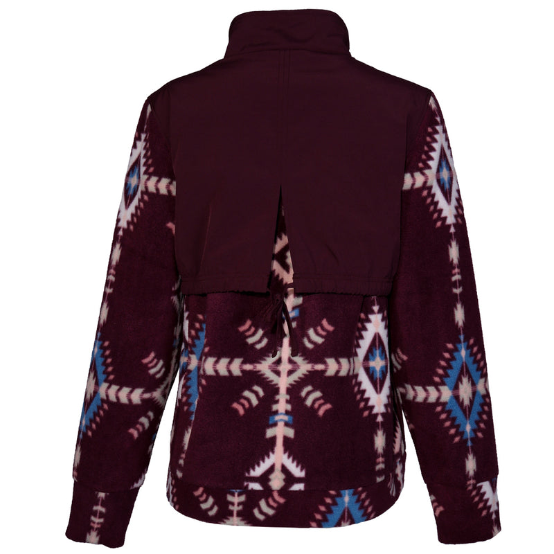 maroon fleece jacket with white and blue aztec pattern back view