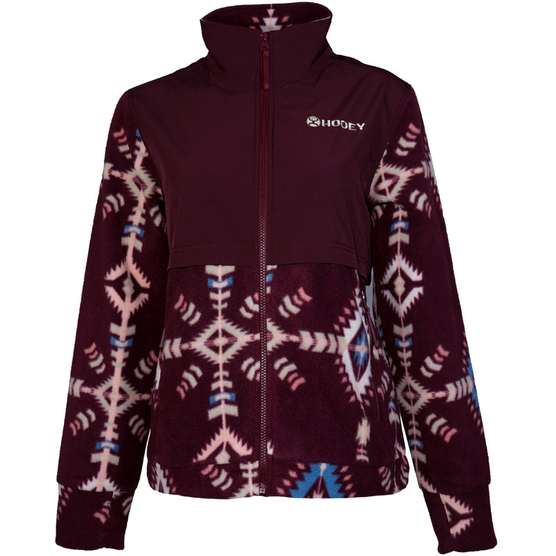 maroon fleece jacket with white and blue aztec pattern front view