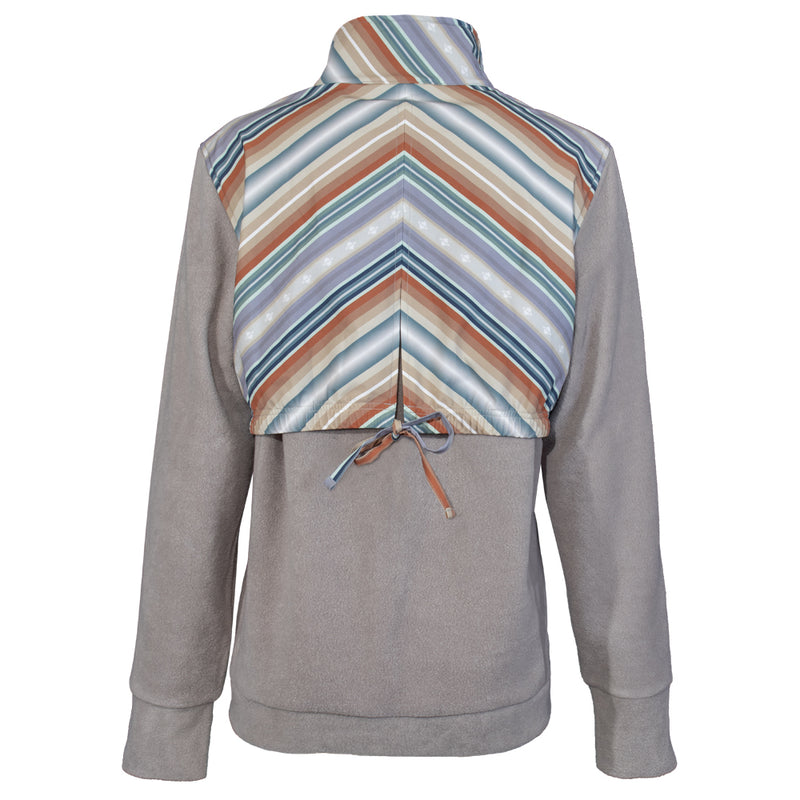 heather grey jacket with rust, purple, white, blue serape stripe water proof flap