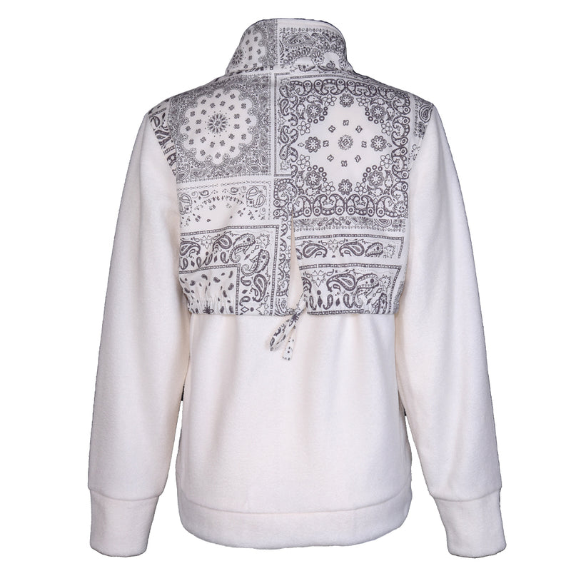 white pullover with black and white bandana pattern on upper back, collar, and shoulders