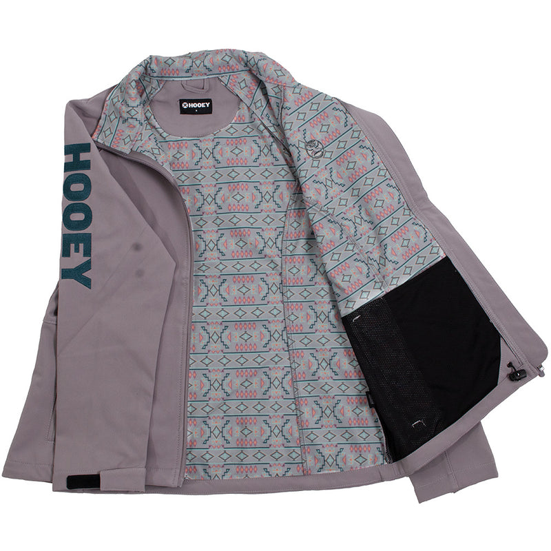 purple hooey jacket with black Hooey logo and blue, pink pattern lining