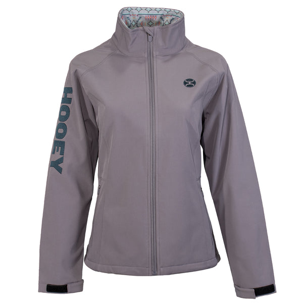 grey jacket with black hooey block letter logo in green down the right sleeve and round black Hooey logo on lapell